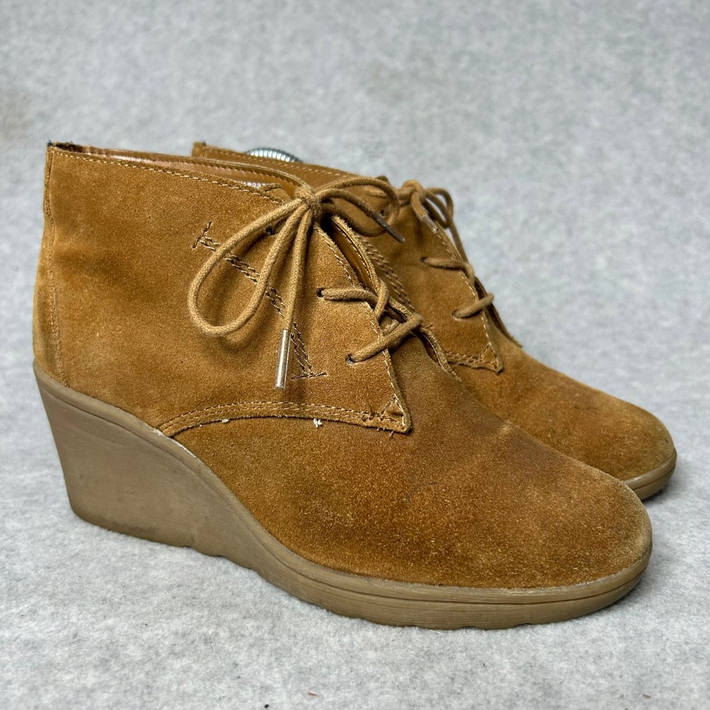 White Mountain Kahlua Suede Lace Up Wedge Booties Tan Brown Leather 7.5M Shoes